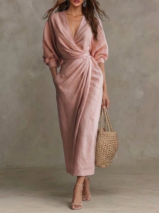 Blush Pink Deep V-Neck Wrap Midi Dress