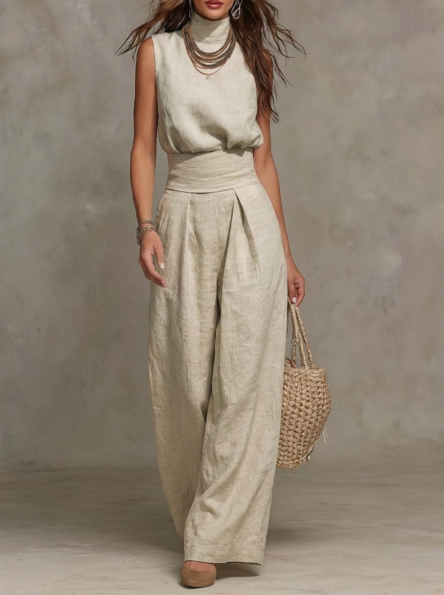 Pleated Linen Top And Wide-Leg Pants Set