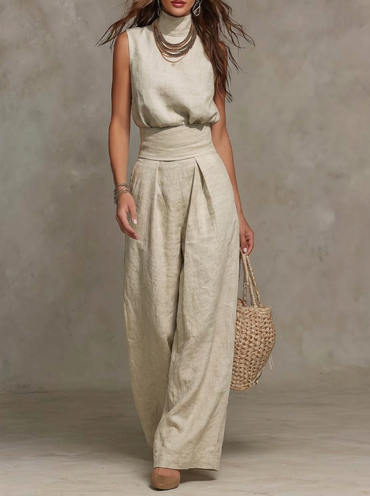 Pleated Linen Top And Wide-Leg Pants Set