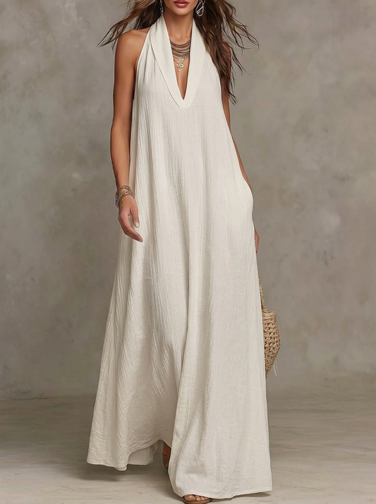 White Halter Deep V Pocket Loose Maxi Dress