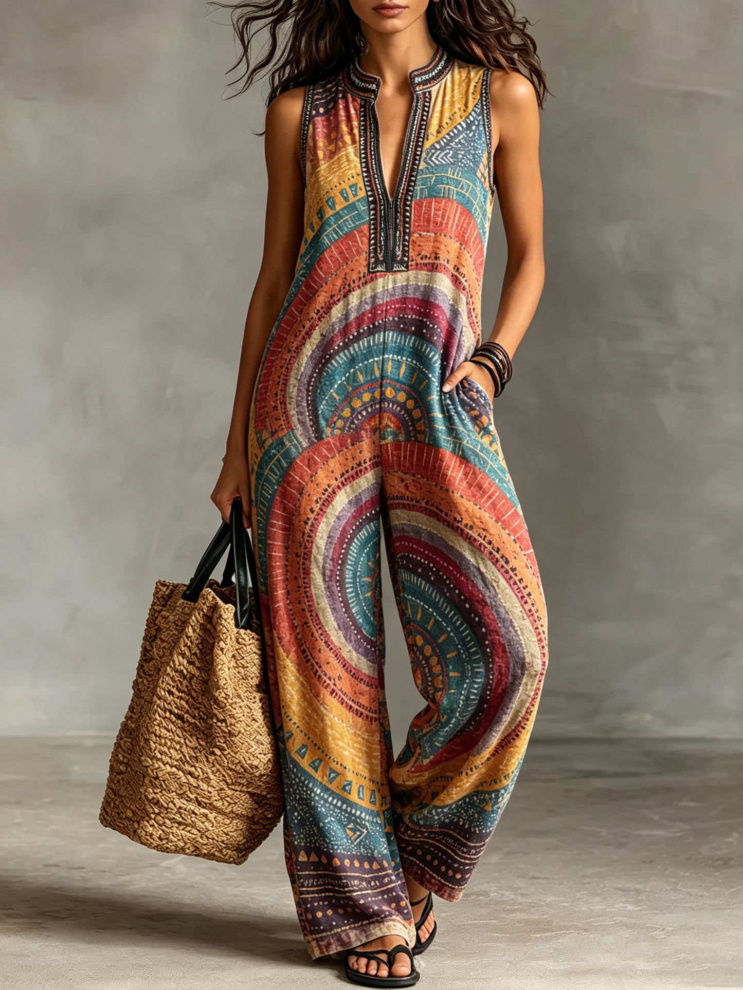 Colorful Mandala Geometric Print Sleeveless Jumpsuit