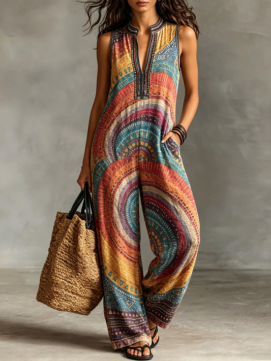 Colorful Mandala Geometric Print Sleeveless Jumpsuit