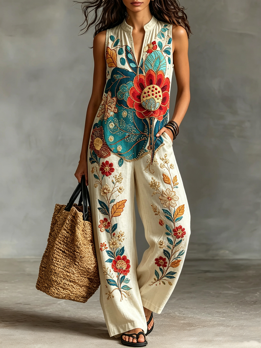 Cream Floral Embroidered Sleeveless Wide-Leg Jumpsuit