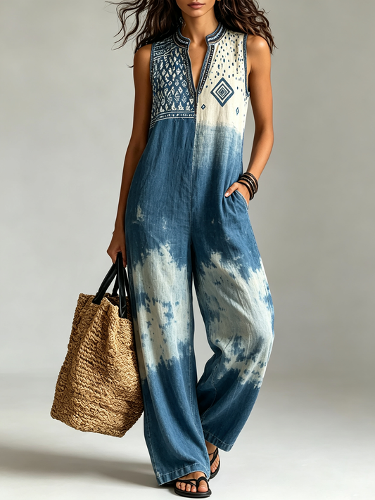 Blue Dip-Dye Geometric Embroidered Sleeveless Jumpsuit