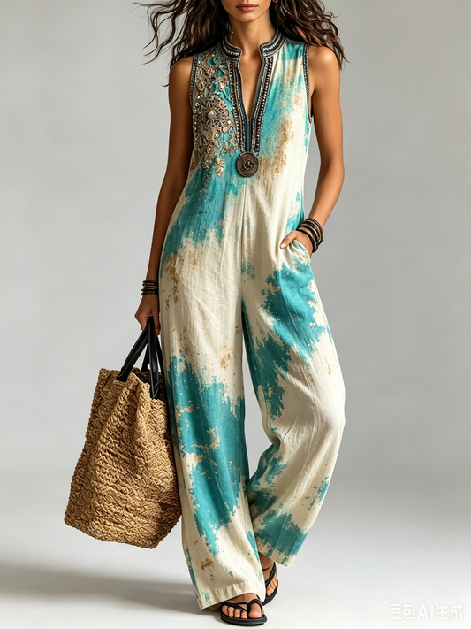 Turquoise Tie-Dye Embellished Sleeveless Jumpsuit