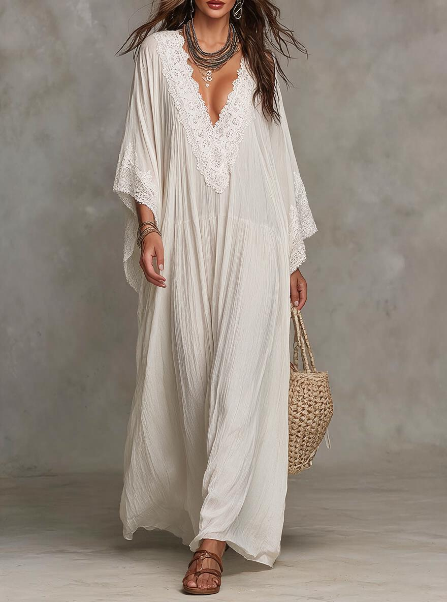White Lace Trim Deep V-Neck Kaftan Maxi Dress