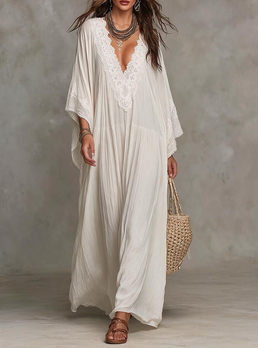White Lace Trim Deep V-Neck Kaftan Maxi Dress