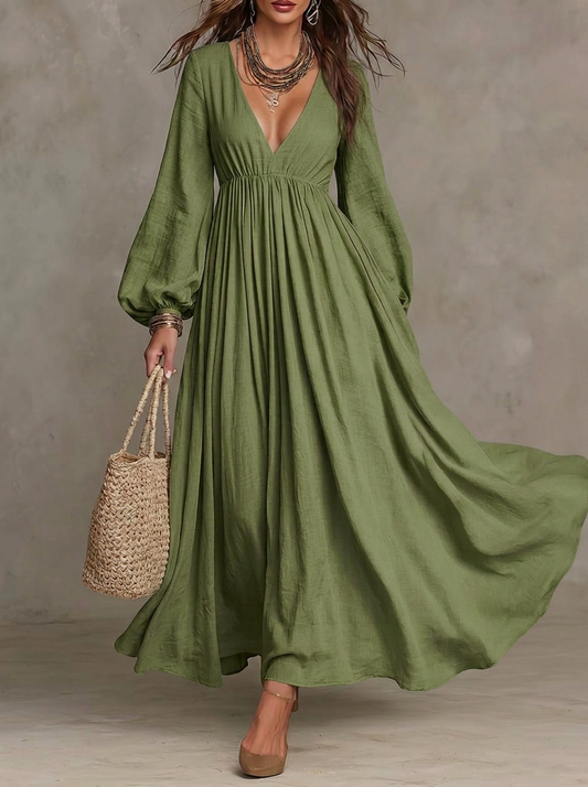 Olive Green Deep V-Neck Balloon Sleeve Maxi Dress