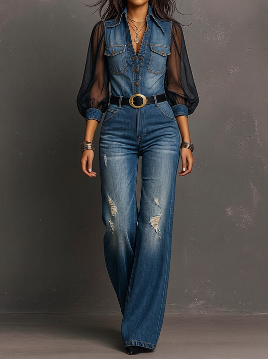 Denim And Sheer Mesh Sleeve Wide-Leg Jumpsuit