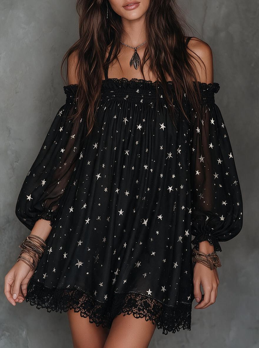 Black Star Print Off-Shoulder Smocked Mini Dress