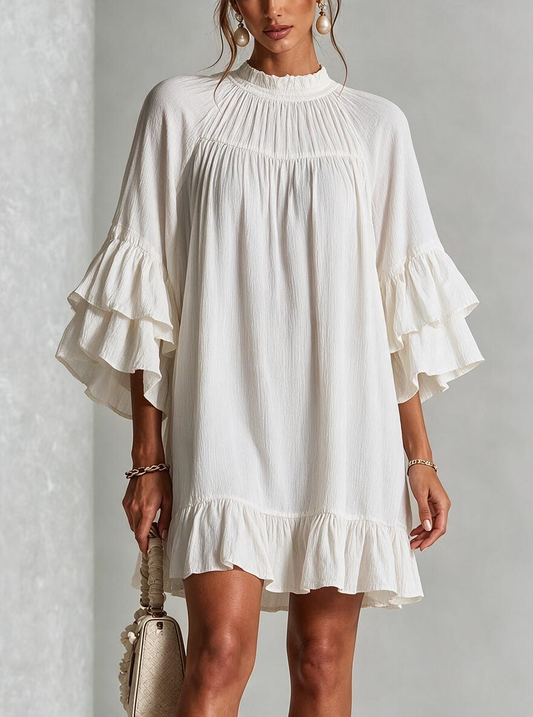 White Tiered Ruffle Sleeve High Neck Mini Dress