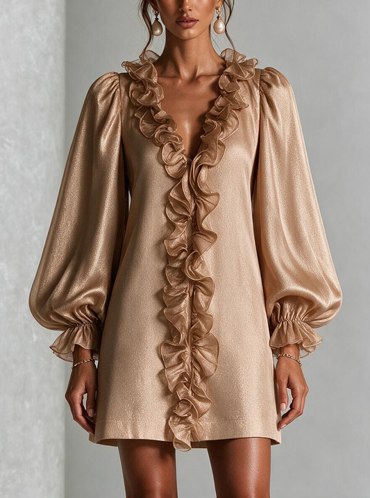 Champagne Metallic Ruffle Front Mini Dress