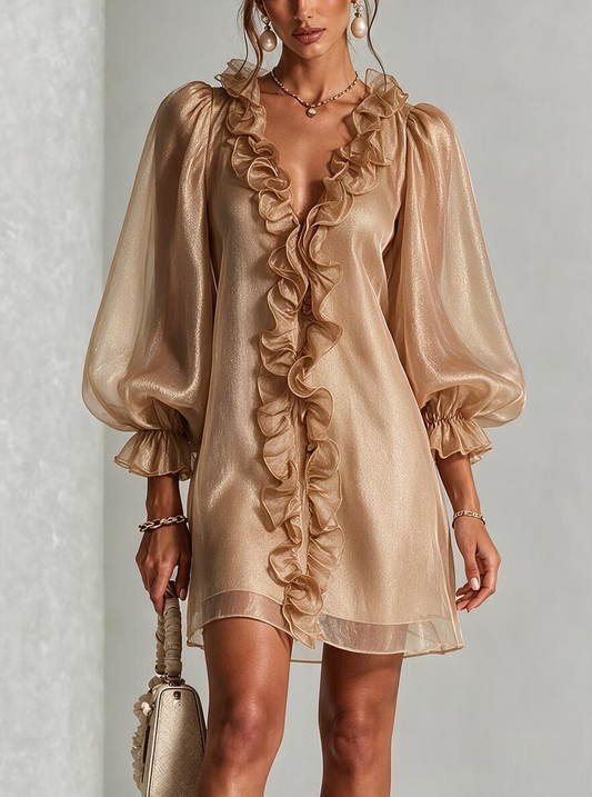 Champagne Sheer Metallic Balloon Sleeve Mini Dress