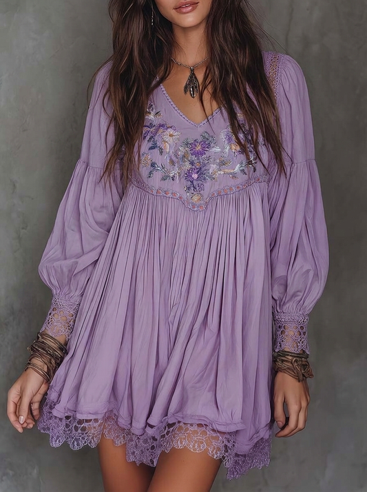 Lavender Floral Embroidered Bubble Sleeve Mini Dress