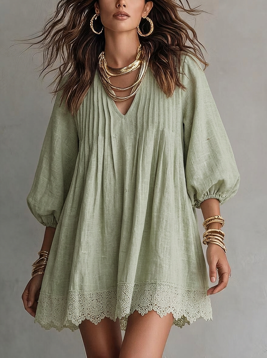 Sage Green V-Neck Lace Hem Relaxed Mini Dress