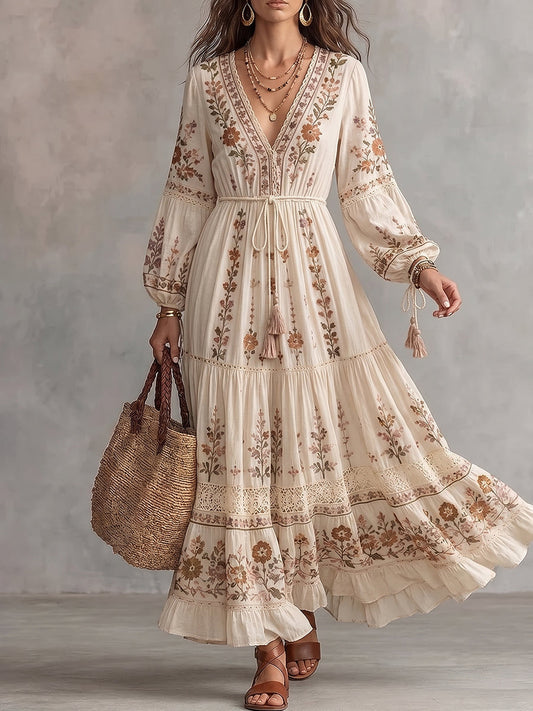 Beige Floral Embroidered Tassel Tie Maxi Dress