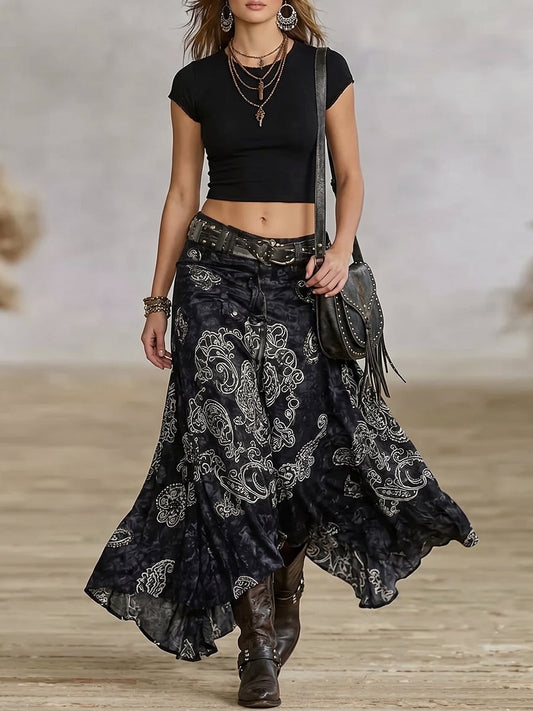 Black Crop Top And Bandana Paisley Maxi Skirt Set