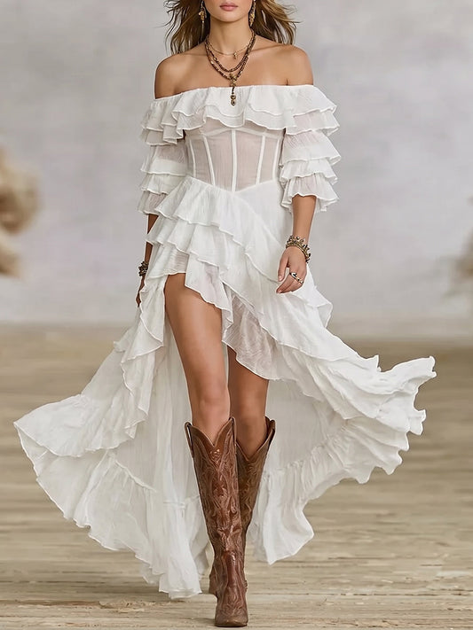 White Off-Shoulder Corset Ruffle High-Low Dress
