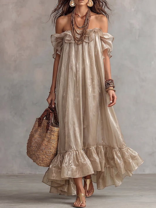 Champagne Off-Shoulder Tiered Ruffle Maxi Dress