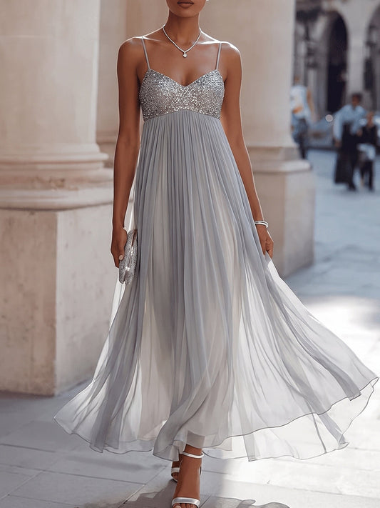 Silver Sequin Sweetheart Pleated Maxi Gown
