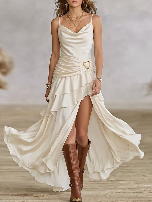 Ivory Cowl Neck Heart Buckle Ruffle Maxi Dress