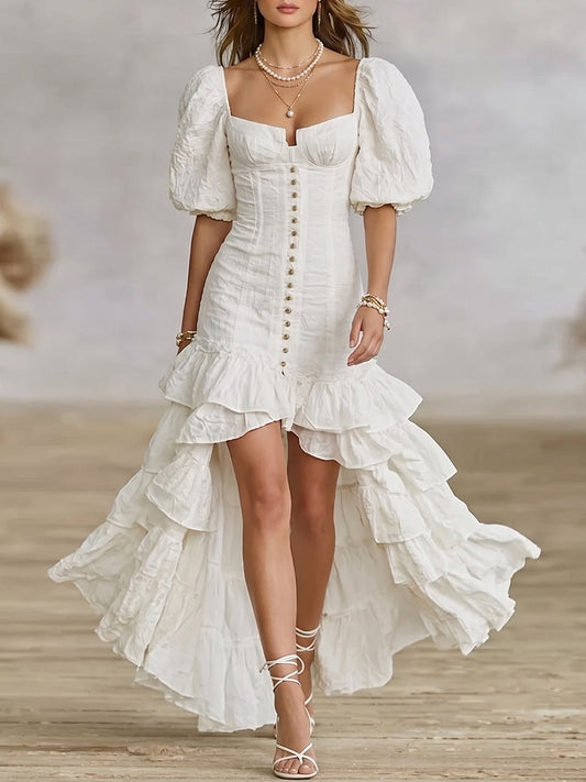 White Puff Sleeve Corset Ruffle High-Low Dress