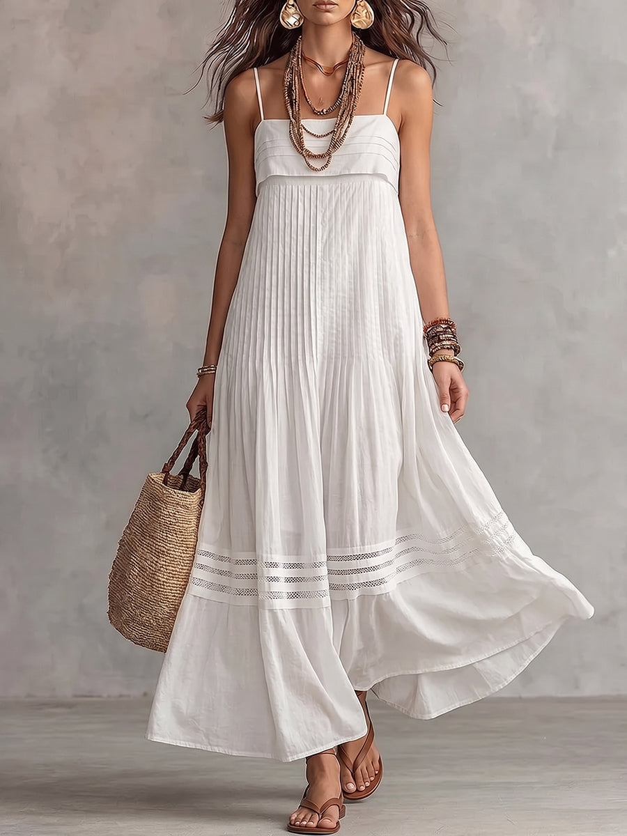 White Spaghetti Strap Pleated Lace Insert Maxi Dress