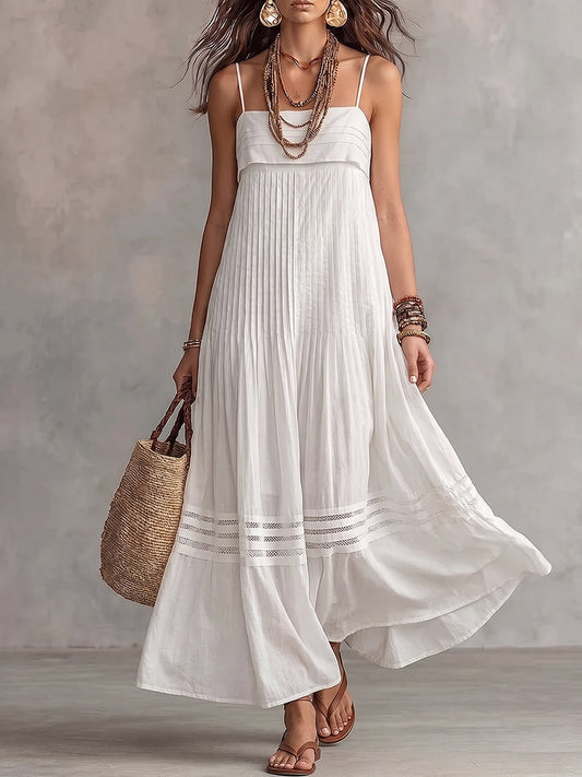 White Spaghetti Strap Pleated Lace Insert Maxi Dress