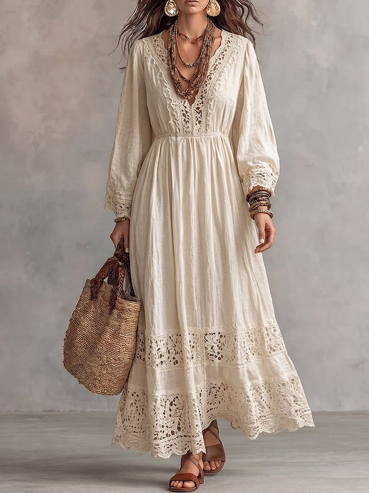 Cream Beige Crochet Lace Trim Long Sleeve Maxi Dress