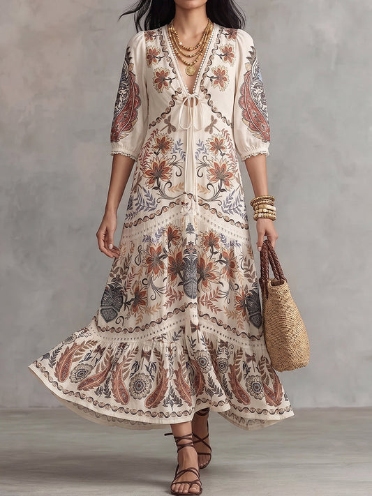 Cream Paisley Print Tie-Front Maxi Dress