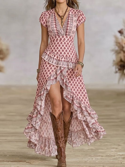 Blush Pink V-Neck Tiered Ruffle High-Low Dress