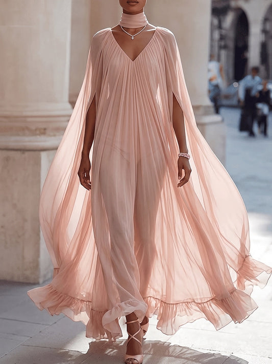 Blush Sheer Cape Sleeve Pleated Maxi Dress