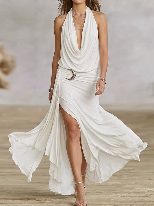White Halter Draped Crescent Buckle Maxi Dress