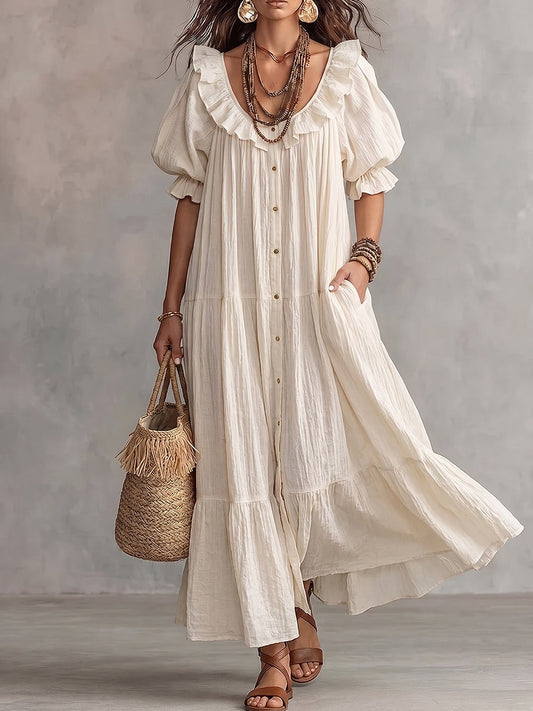 Cream Ruffled Neck Button-Front Tiered Maxi Dress