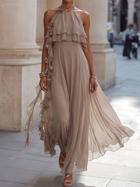 Taupe Halter Layered Ruffle Flowing Gown