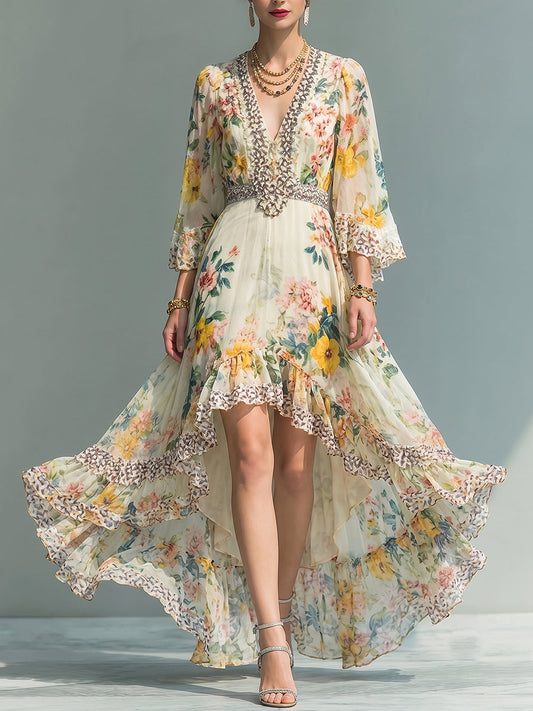 Cream Floral Print Embellished High-Low Dress