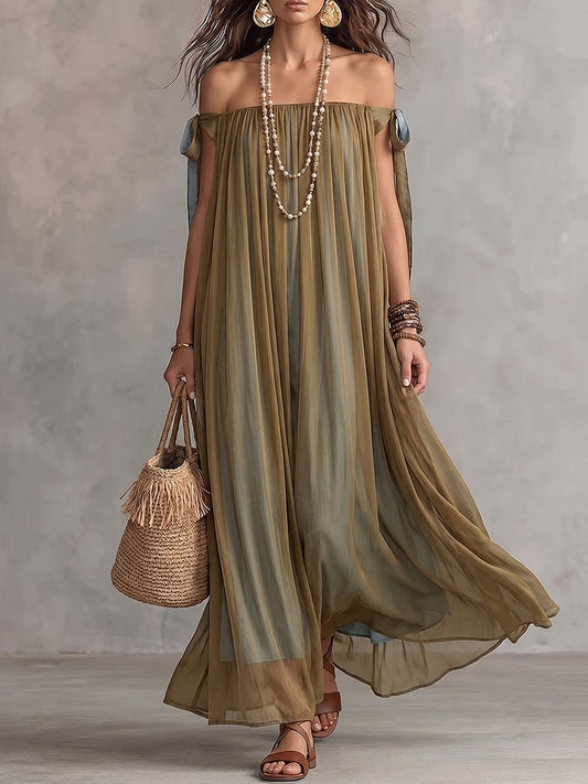 Olive Off-Shoulder Pleated Sheer Maxi Dress