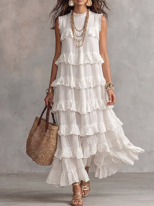 White Sleeveless Tiered Ruffle Maxi Dress