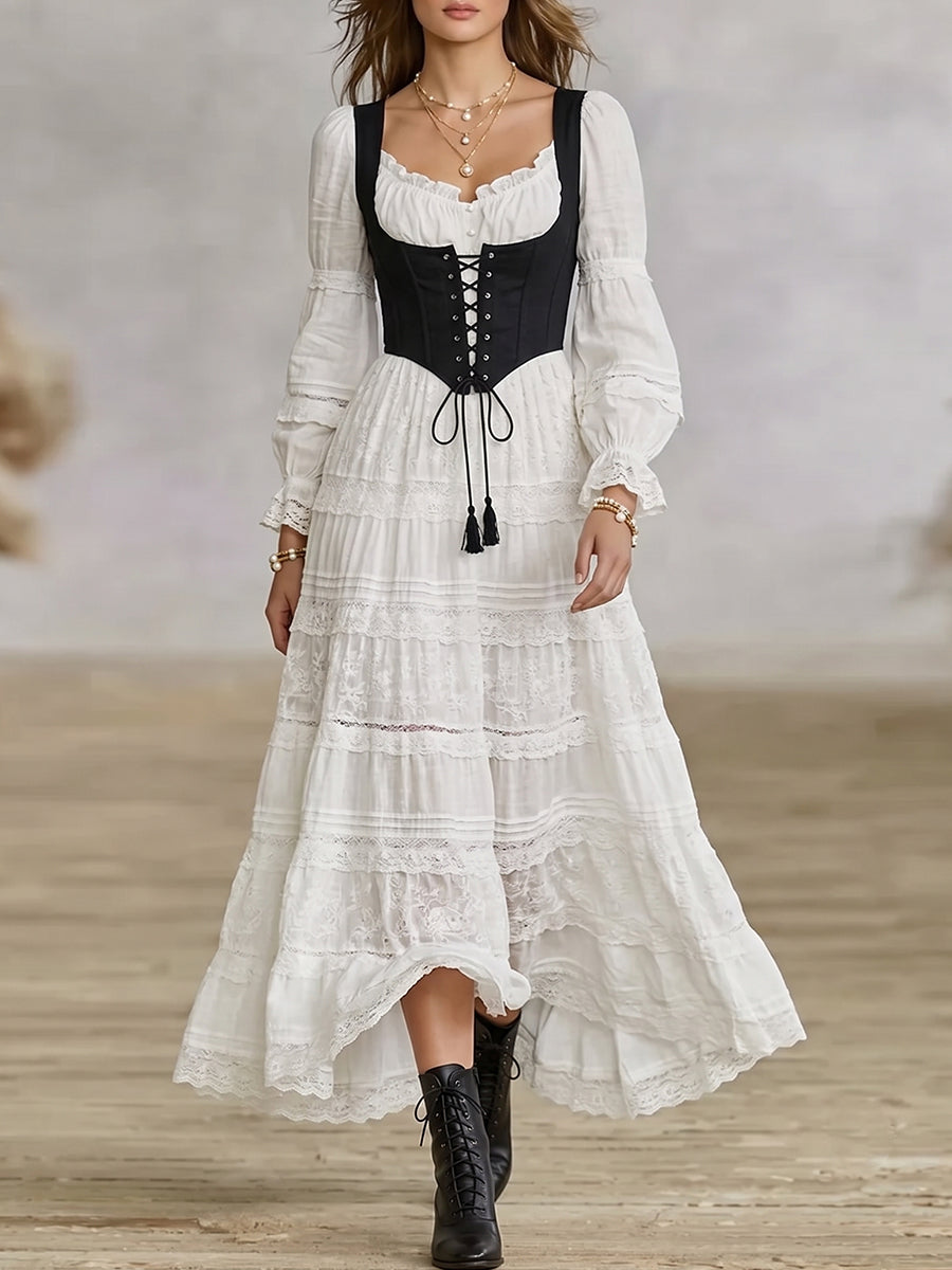 Black Corset Lace-Up Long Sleeve High-Low Dress