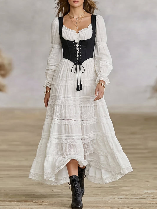 Black Corset Lace-Up Long Sleeve High-Low Dress