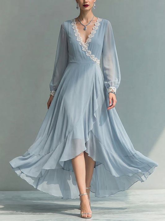 Light Blue Sheer Lace V-Neck High-Low Maxi Dress