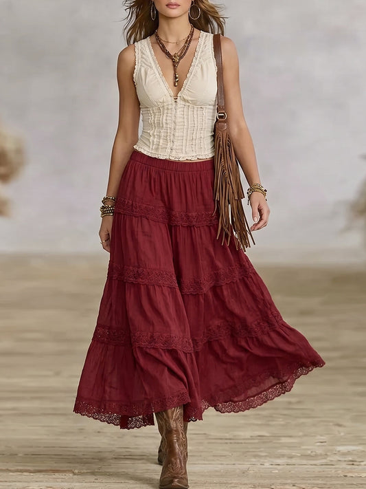 Beige Smocked Top And Burgundy Tiered Lace Skirt Set