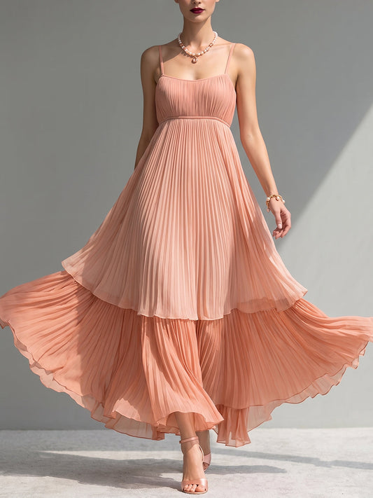 Peach Pleated Spaghetti Strap Tiered Maxi Dress