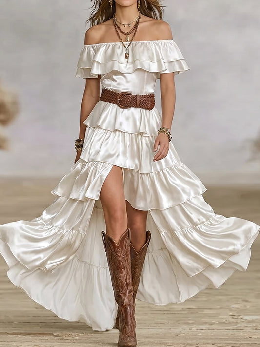 White Satin Off-Shoulder Tiered Ruffle Maxi Dress