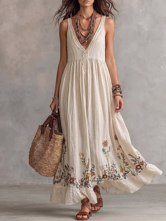 Beige Floral Embroidered V-Neck Sleeveless Maxi Dress