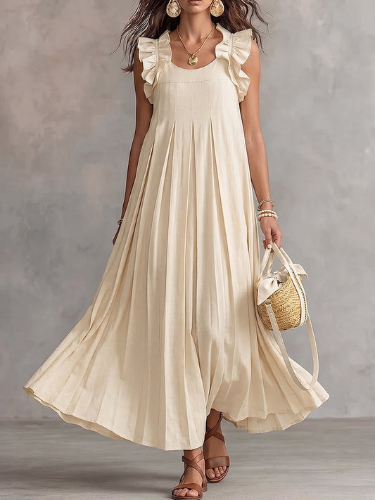 Cream Flutter Sleeve Pleated Maxi Dress