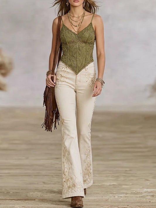 Olive Embellished Corset Top And Flare Jeans Set