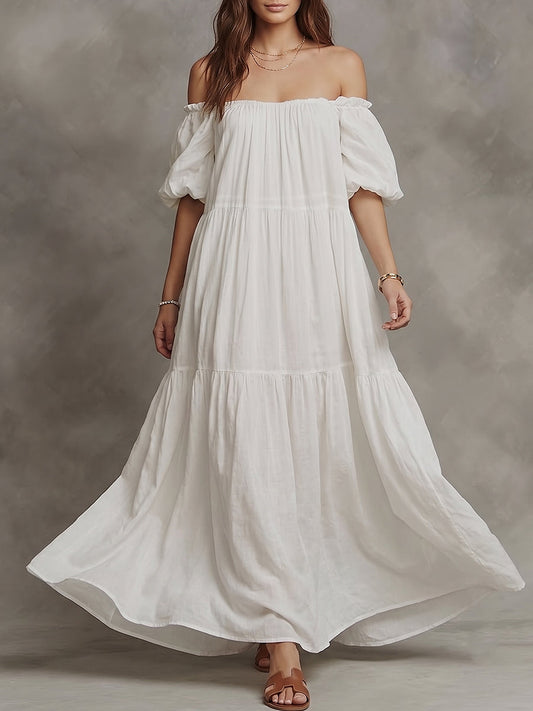 White Off-Shoulder Tiered Maxi Dress