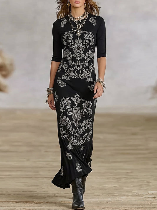 Black Paisley Print Half-Sleeve Maxi Dress