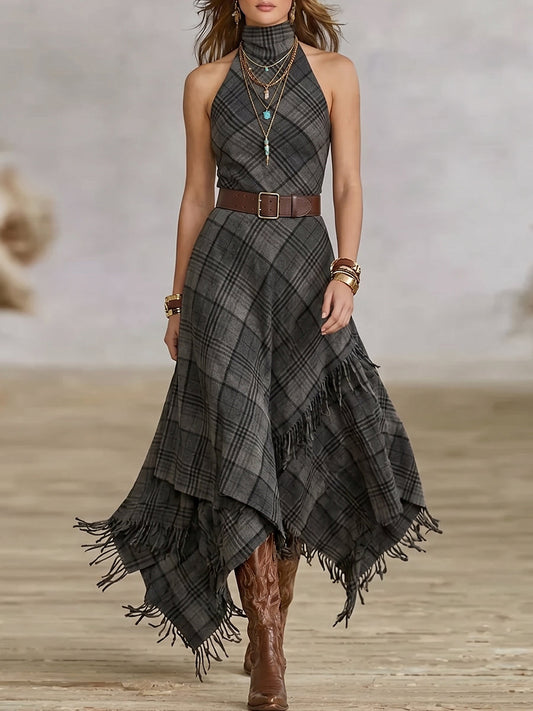 Grey Plaid Halter Neck Fringed Dress